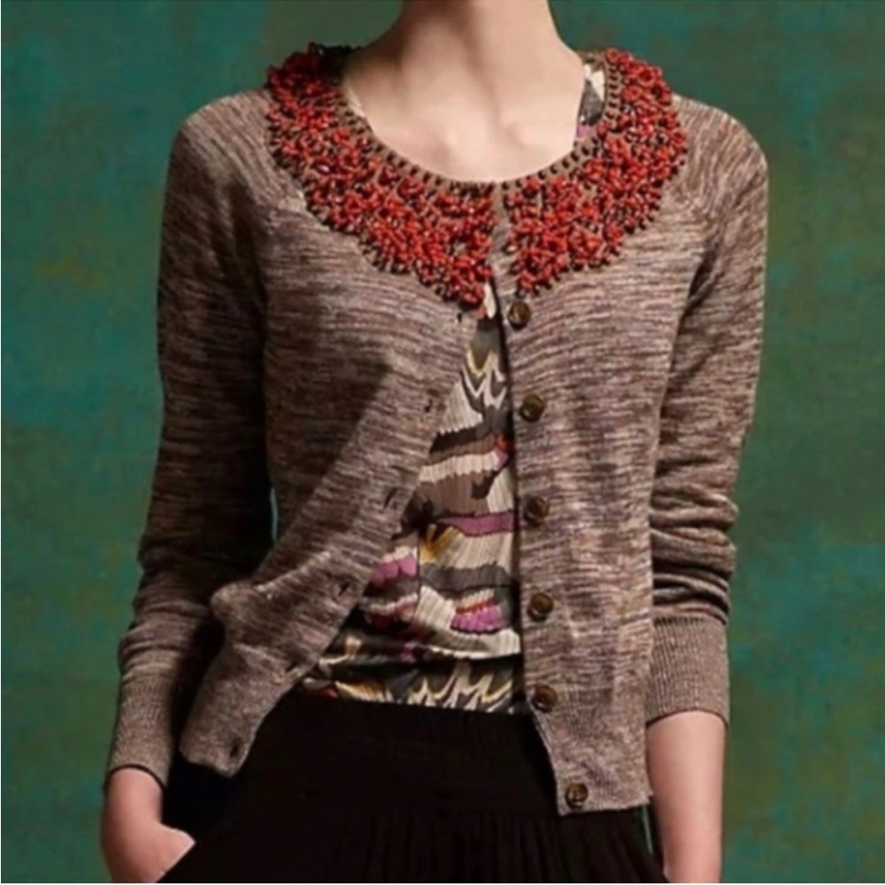 Anthropologie Moth Jewelers Choice Beaded Cardigan Sweater Linen Blend Medium